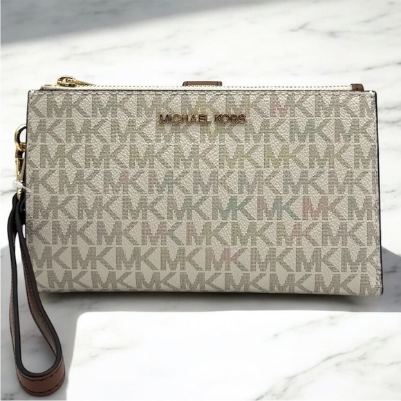 Michael Kors Large Jet Set Travel Double Zip Wallet Vanilla/Brown - Picture 1 of 10